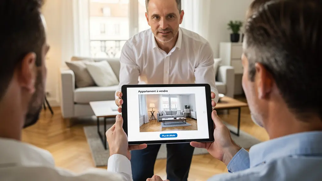 Conseiller immobilier présentant annonces sur tablette à un couple visiteur
