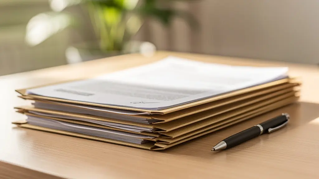 Dossier de location organisé avec documents empilés sur bureau en bois