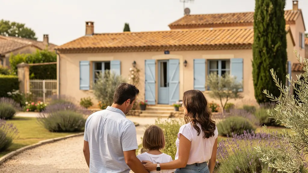 Famille observant une maison provençale avec jardin à Carcassonne