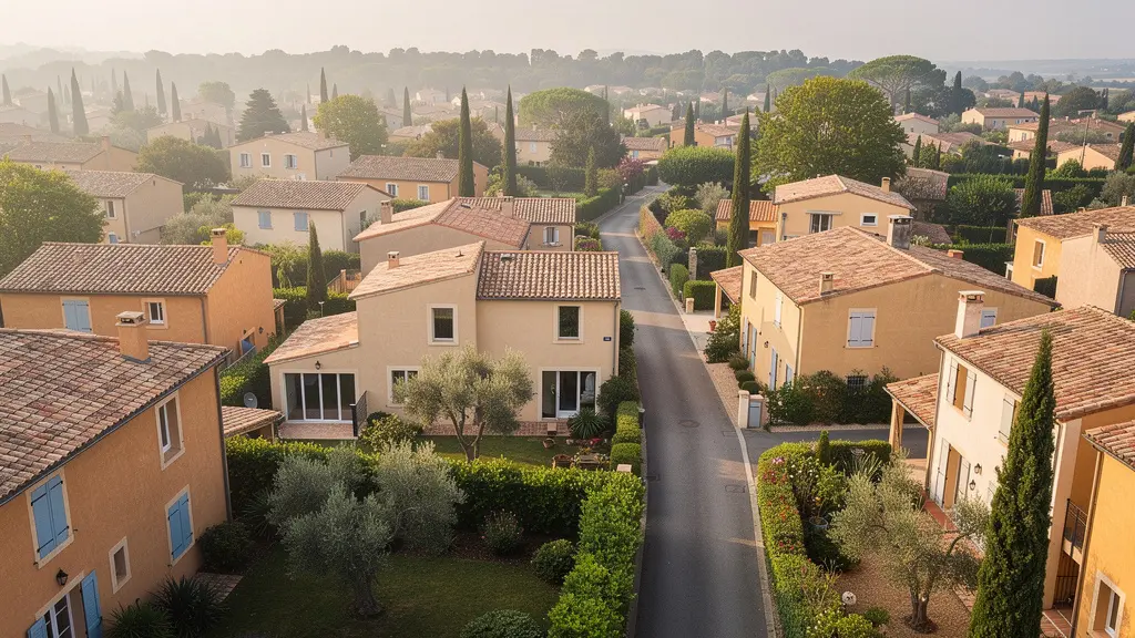 Vue aérienne quartier résidentiel Carcassonne avec maisons individuelles
