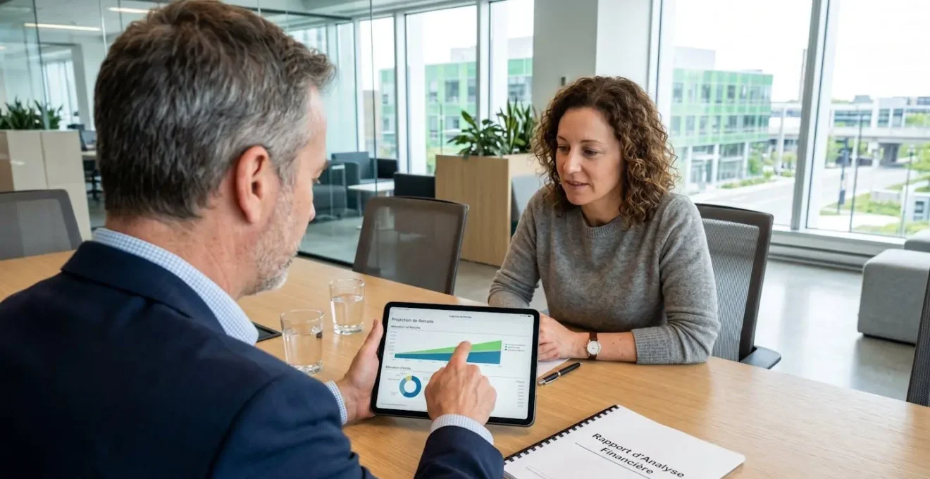 Un courtier et son client assis côte à côte consultent des documents financiers sur une tablette dans un bureau moderne lumineux à Nantes