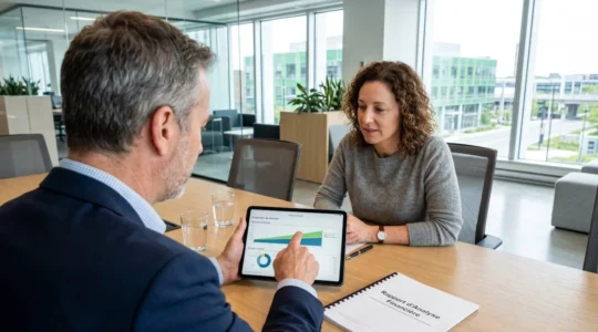 Un courtier et son client assis côte à côte consultent des documents financiers sur une tablette dans un bureau moderne lumineux à Nantes
