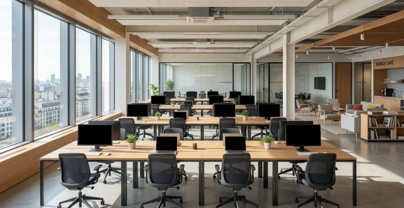 Vue grand angle d'un espace de coworking moderne et lumineux avec des bureaux minimalistes équipés d'ordinateurs aux écrans éteints, baigné de lumière naturelle