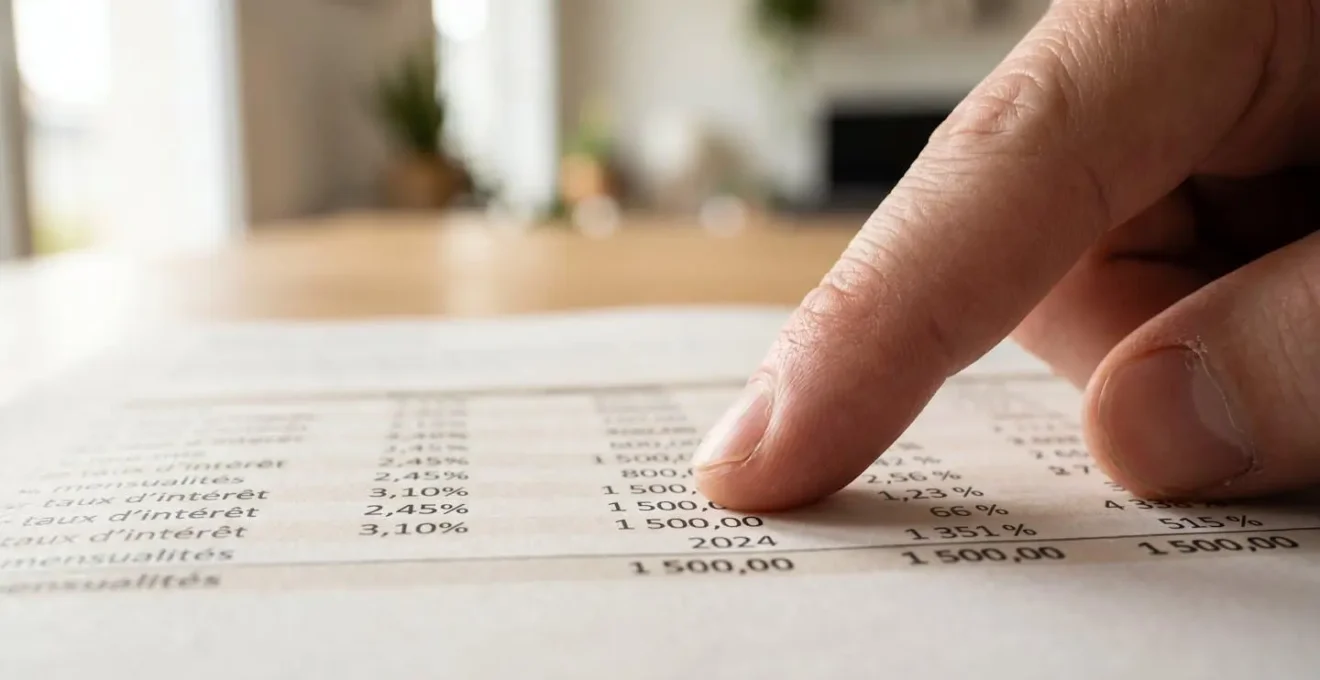 Gros plan sur une main pointant du doigt un document financier présentant des taux d'intérêt et des chiffres, avec une faible profondeur de champ créant un arrière-plan flouté